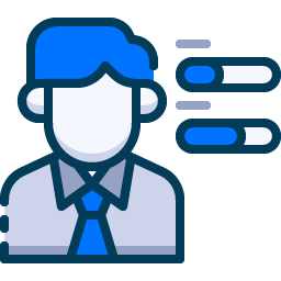 grey and blue icon with a human and graphs for IT support