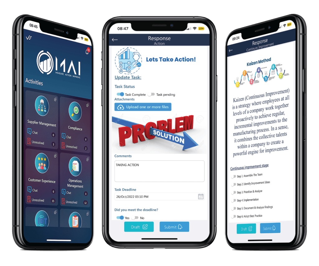 three iphone screens displaying the measure, action, and improve business apps process