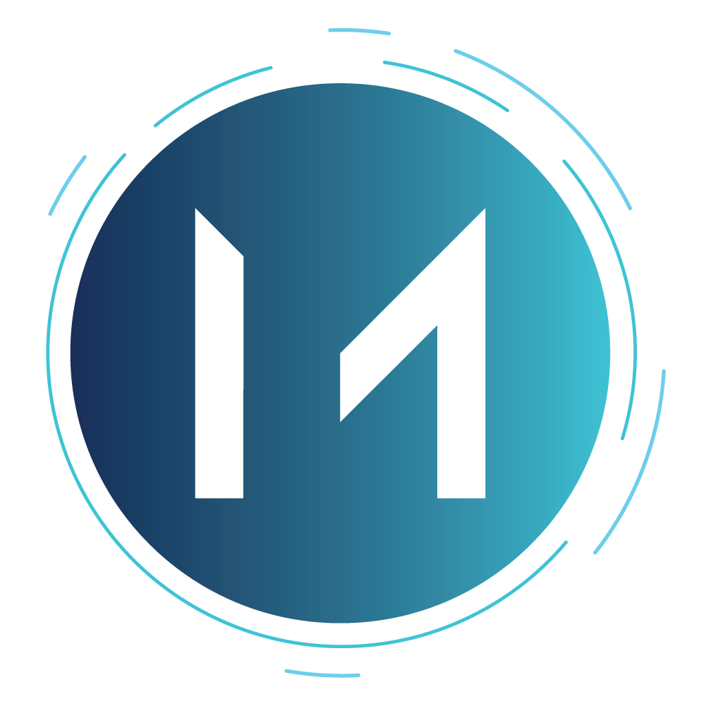 light and dark blue circle with an M
