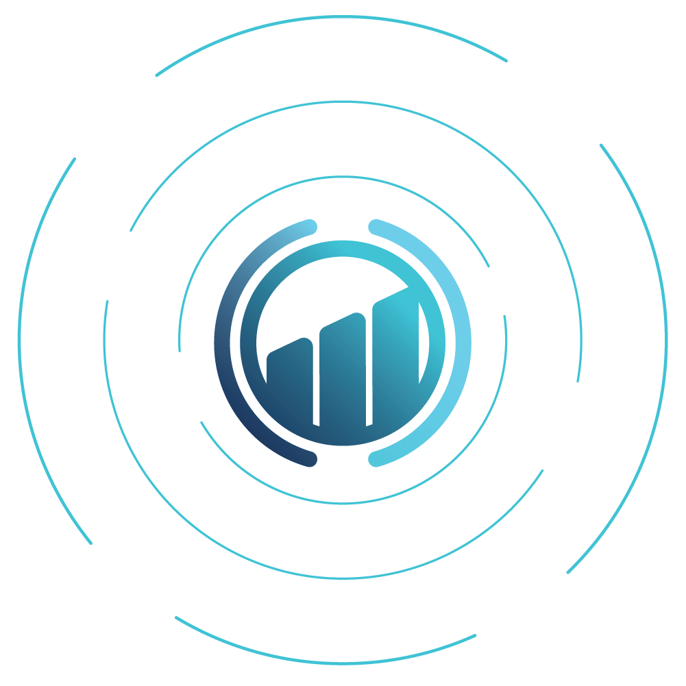 light and dark blue mai line graph icon with 3 pie chart rings around