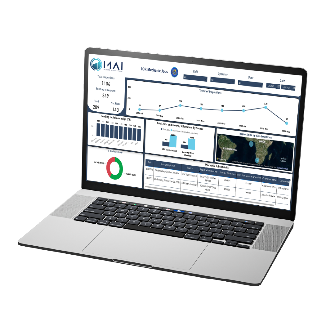 Angled laptop mock-up with mining operations app maintenance planner: equipment list and service status.